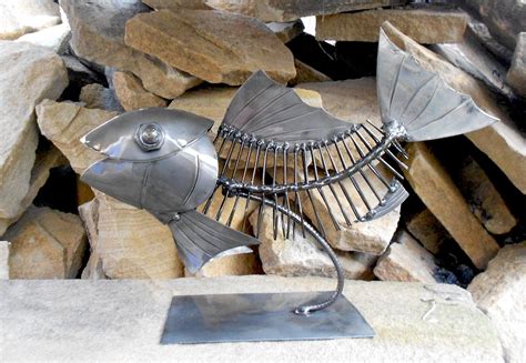 Metal Sculpture Fish Fish Skeleton Art Fish Figurine Etsy Metal
