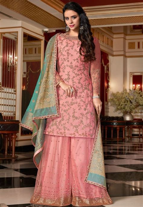 Light Pink Designer Satin Georgette Embroidered Sharara Style Pakistani