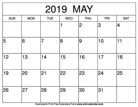 Blank May 2019 Calendar Printable