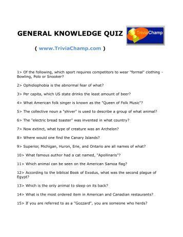 Take online general knowledge quizzes on all kinds of topics and test your knowledge. General Knowledge Quiz Vault.pdf - Chris's Quiztime ...