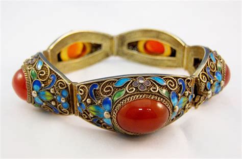 Vintage Chinese 1950s Silver Enameled Bracelet With Carnelian 400