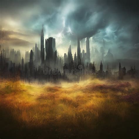 Abstract Fictional Scary Dark Wasteland City Background Tall Cityscape