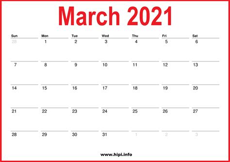 2021 March Calendar Printable Monthly Calendar