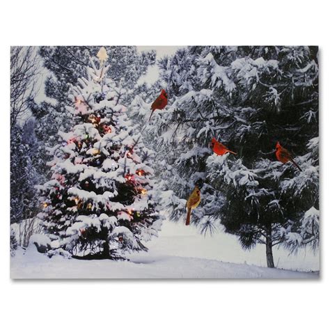 Christmas Tree And Cardinal Birds Led Canvas Print Snowy Winter Forest