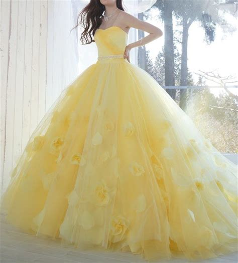 Elegant Yellow Strapless Long Prom Dressapplique Flowers Evening Party Dresses Yellow Wedding