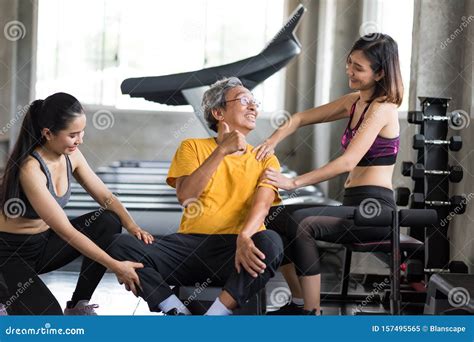 Old Man Get Massage After Work Out In Gym Stock Image Image Of Female Copy 157495565