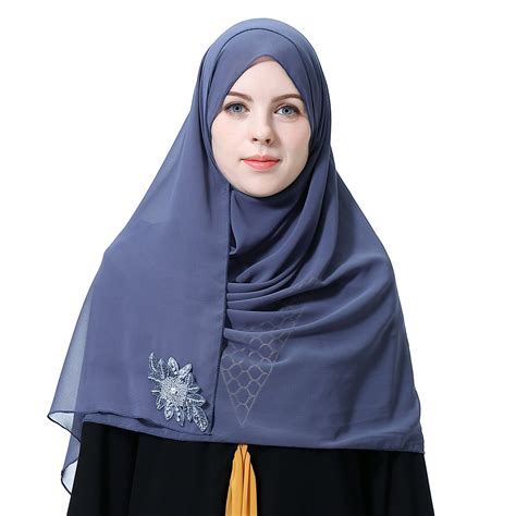 Muslim Women Chiffon Scarf Head Wrap Islamic Beaded Hijab Shawl Amira Headscarf Ebay