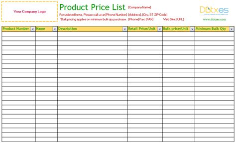 Product Price List Template Standard Dotxes