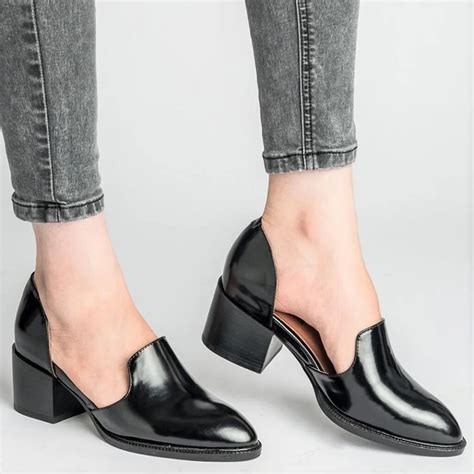 Womens Leather Pumps New Fashion Spring Summer Shoes Pointed Toe Pump Shallow Square Heels Slip