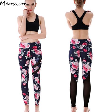 Maoxzon Womens Floral Print Workout Fitness Skinny Pants Female Mesh