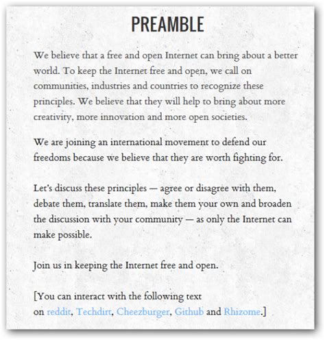 The preamble serves as an introduction and acknowledges that the world probably wants to know why the colonies would separate themselves. Declaration of Internet Freedom: 35K Signatures and Counting