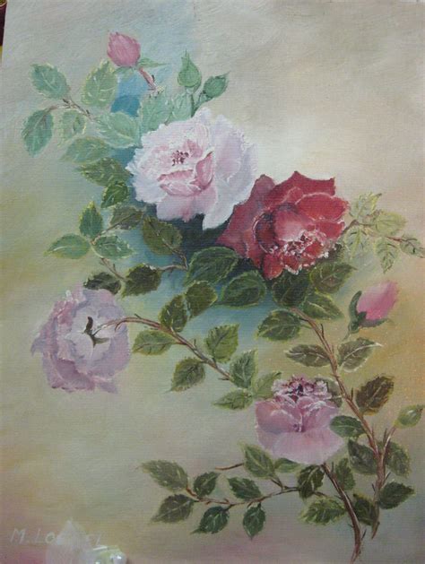 Oil Painting Vintage Pink Roses Signed M Loegel Floral Still