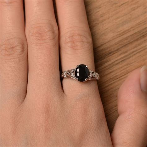 Genuine Natural Black Spinel Ring Anniversary Promise Ring Oval Cut