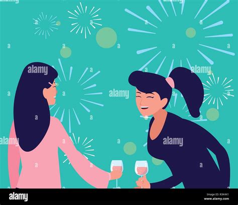 Cartoon Women Enjoying Wine Glass Over Blue Background Vector Illustration Stock Vector Image