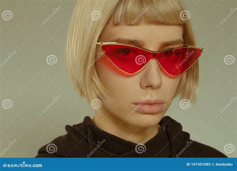 Blonde Girl With Short Hair Style In Fashion Glasses Stock Image