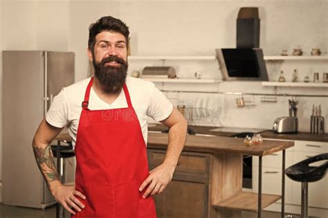 Mature Male Bearded Man Cook Bearded Man In Red Apron Restaurant Or Cafe Cook Man Chef