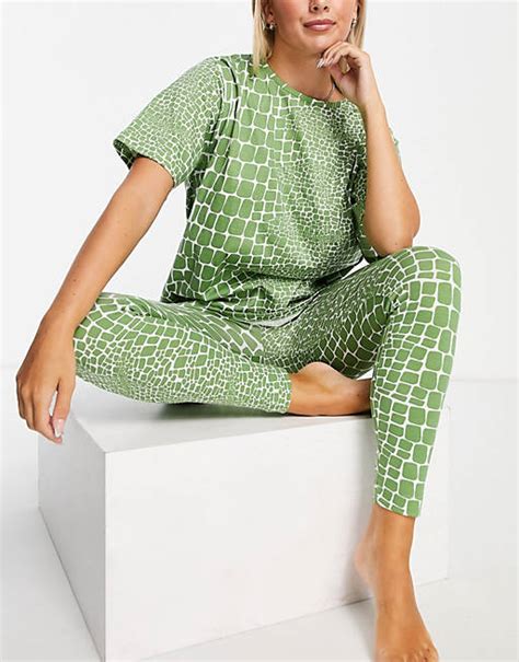 Asos Design Croc Print Oversized Tee And Legging Pyjama Set In Green Asos