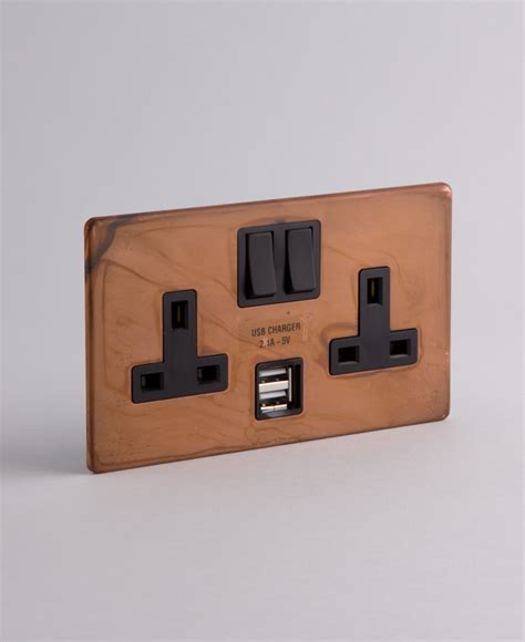 Copper Double Plug Socket Usb With Black Or White Inserts