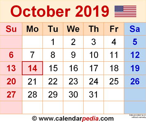 October 2019 Calendar Templates For Word Excel And Pdf