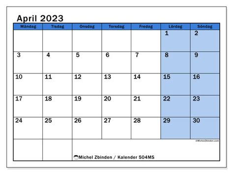 Kalender april 2023 för att skriva ut 49MS Michel Zbinden SE