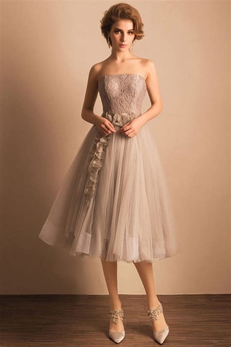 Make you look and feel great while not overshadowing the bride! Retro Tea Length Wedding Dresses Tulle Strapless A Line ...