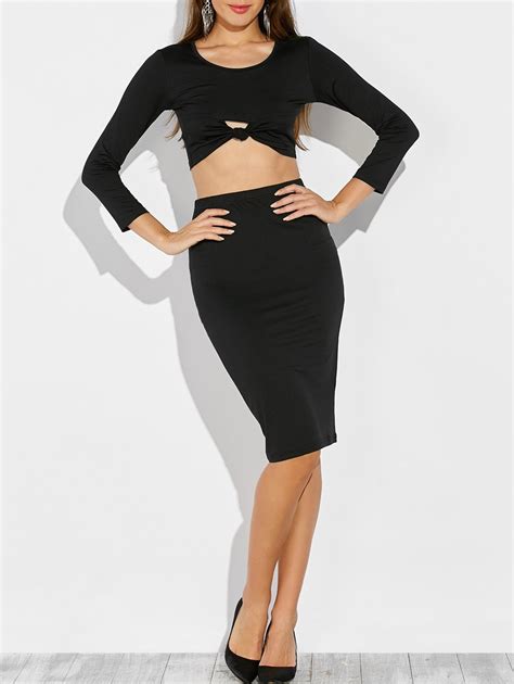 Off Knotted Cropped Top And Pencil Skirt In Black Dresslily