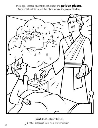 (to create the coloring book, print the page and fold the page in half lengthwise, then fold in half and half again to form the book. Angel Moroni Appears to Joseph