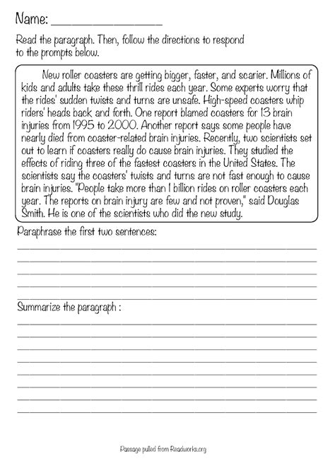 Summary Worksheets 5th Grade