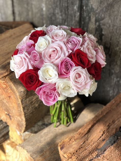 Bridal Bouquet Of White Soft Pink Candy Pink And Red Roses Pink