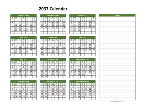 Yearly Printable 2037 Calendar With Notes