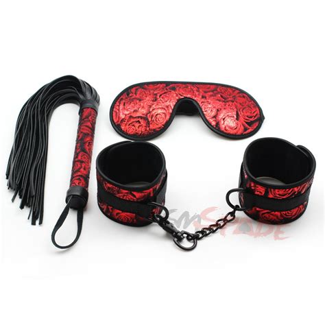 red rosy faux leather bondage kit contains bondage handcuffs blindfold flogger whip adult sex