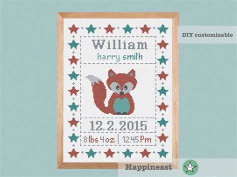 Birth announcement modern cross stitch pattern. cross stitch baby birth sampler, birth announcement, Fox ...