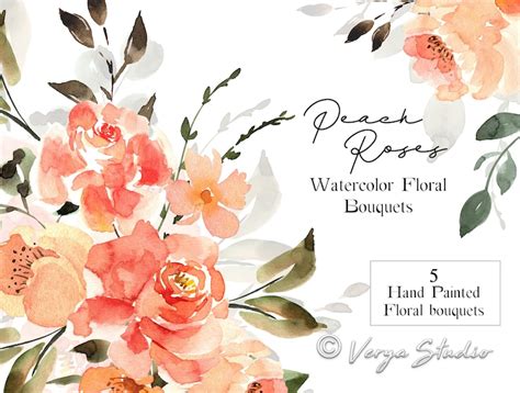 Peach Coral Watercolor Floral Bouquets Clipart Orange Red Etsy Ireland