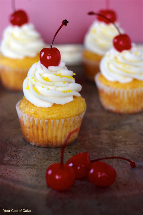 1 box duncan hines pineapple cake mix, 1 can crushed pineapple, 1 cup brown sugar, 1 stick butter, 1 dozen maraschino cherries. Pineapple Cream Cupcakes - Your Cup of Cake