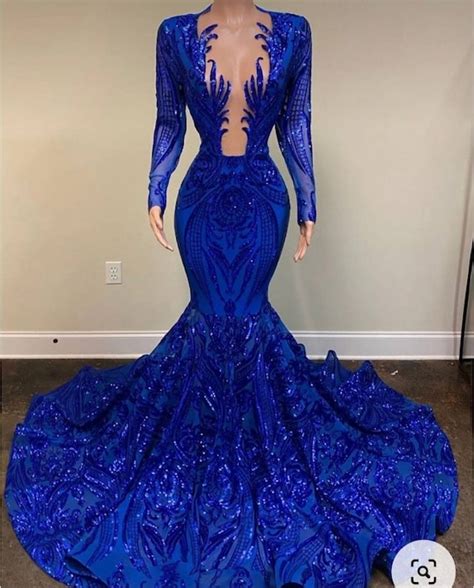 Floor Length Royal Blue Sequin Lace Prom Dressafrican Mermaid Etsy