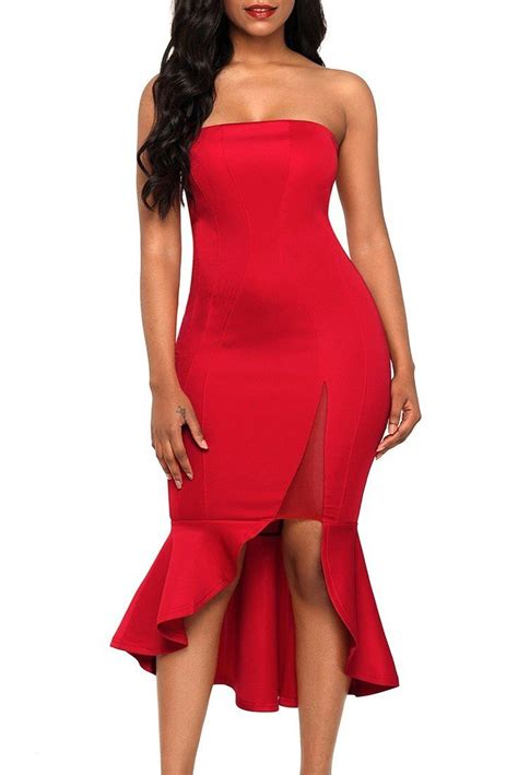 Red Asymmetric Ruffle Hem Strapless Party Dress Strapless Party Dress Women Bodycon Dress