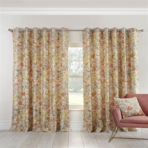Sienna Ochre Curtains Floral Watercolour Lined Eyelet Top Ring Top