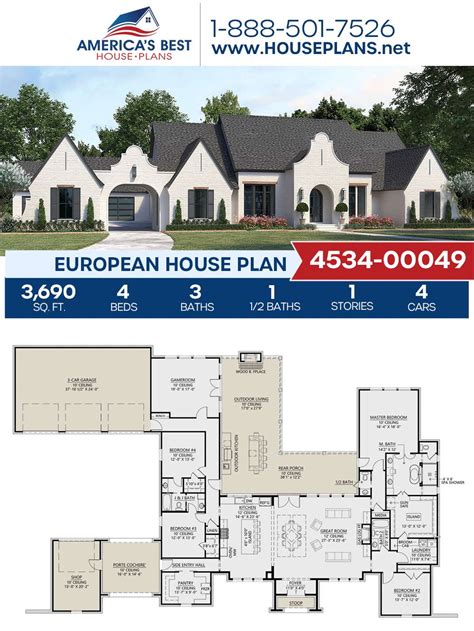 The European House Plan Has 4 Beds 3 Baths And 2 Bathrooms With An