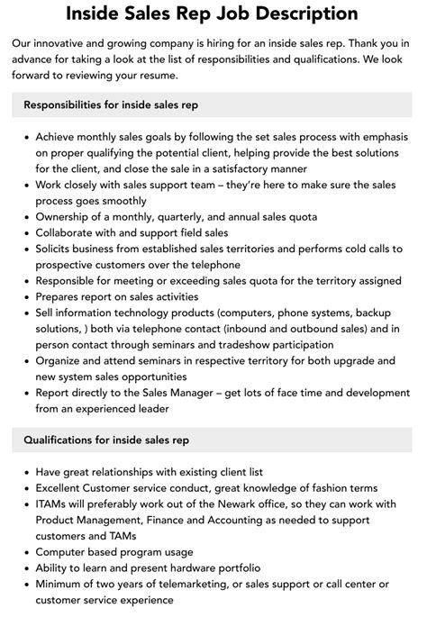 Inside Sales Rep Job Description Velvet Jobs