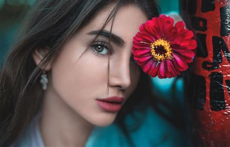 Wallpaper Girl Model Flower Green Eyes Photo Lips Face Brunette For Mobile And Desktop