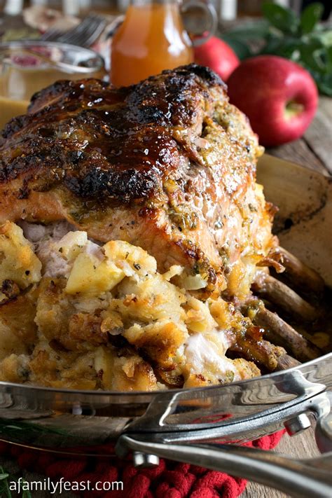 I guessed on the cooking time, but it was about 3 hours. Cider Glazed Bone-in Pork Roast with Apple Stuffing - A Family Feast