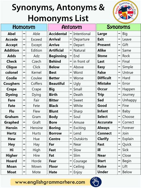100 Examples Of Synonyms And Antonyms Vocabulary English Grammar Here