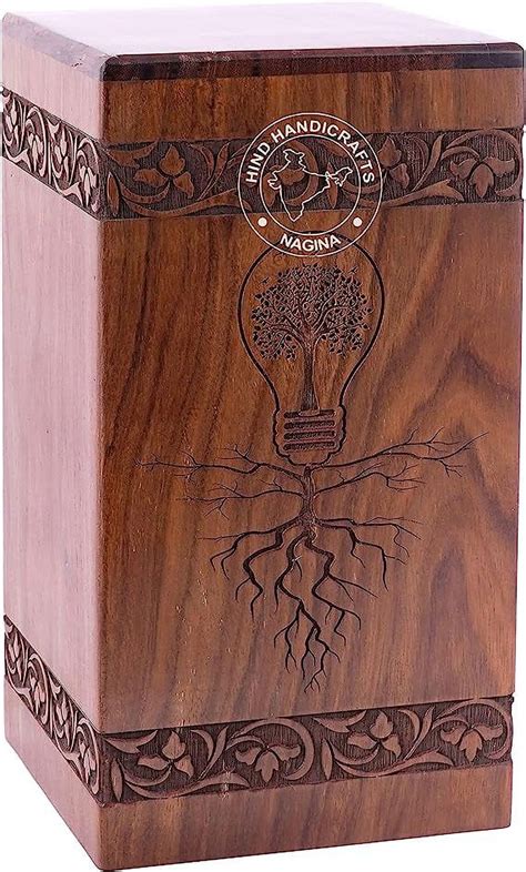 HIND HANDICRAFTS Floral Engraved Tree Wooden Cremation Urns For Human