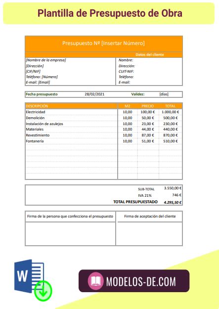 Plantilla De Presupuesto De Obra En Word Y Excel Gratis 2023