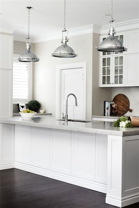 Hamptons Style Kitchen With Chrome Vintage Industrial Pendant Lights