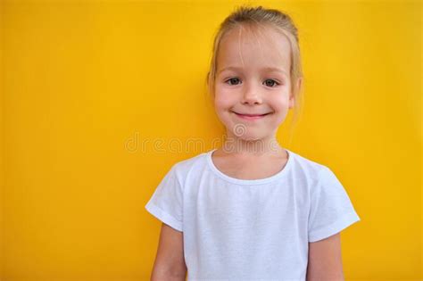 Preschool Little Girl Looking Nicely Natural Smiling Isolated Yellow