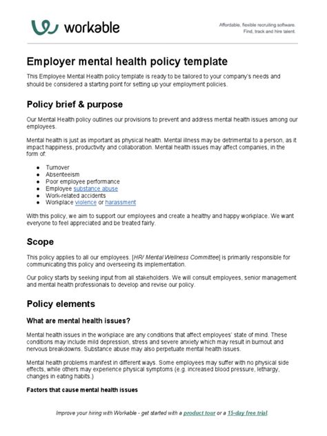 Employer Mental Health Policy Template Pdf Mental Disorder Mental