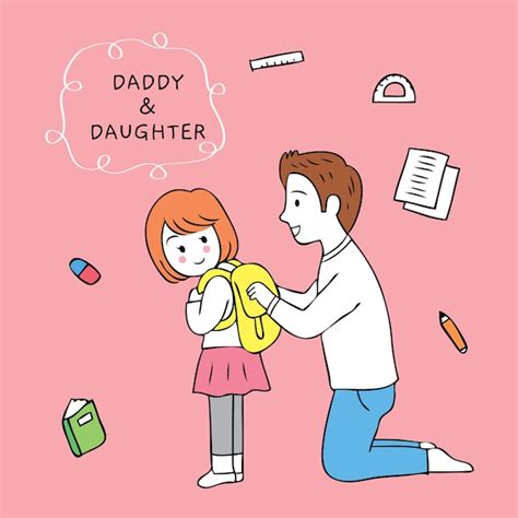 Dibujos Animados Lindo Padre E Hija Van A La Escuela Vector Premium