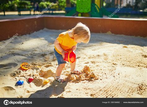 Adorable Little Girl Having Fun Playground Sandpit Toddler Playing Sand