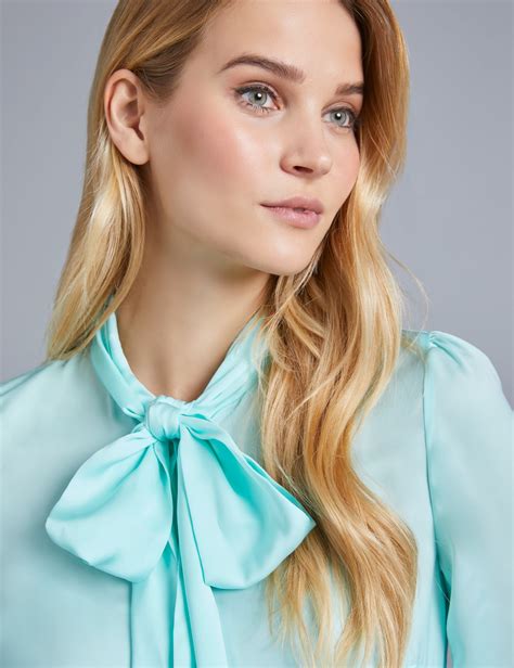 women s light green plain fitted satin blouse pussy bow hawes and curtis